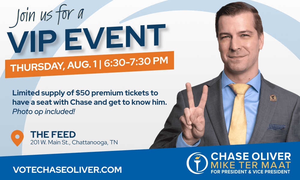 Event graphic with details and Chase Oliver