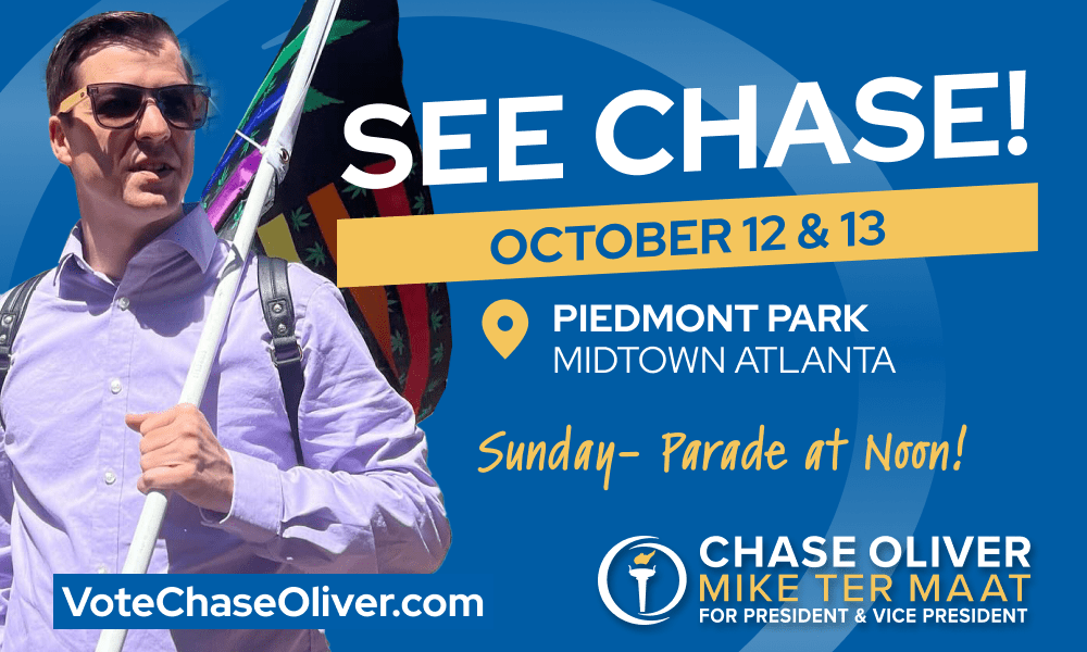 Image that says "see chase October 12th and 13th at Piedmont Park Midtown Atlanta, GA for the Pride Festival and Parade. VoteChaseOliver.com