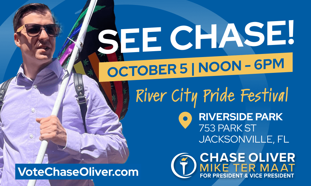 image that says "Meet chase on October 5, noon to 6pm at the Jacksonville, Florida River City Pride Festival. Located at Riverside Park, 753 Park St, Jacksonville FL."