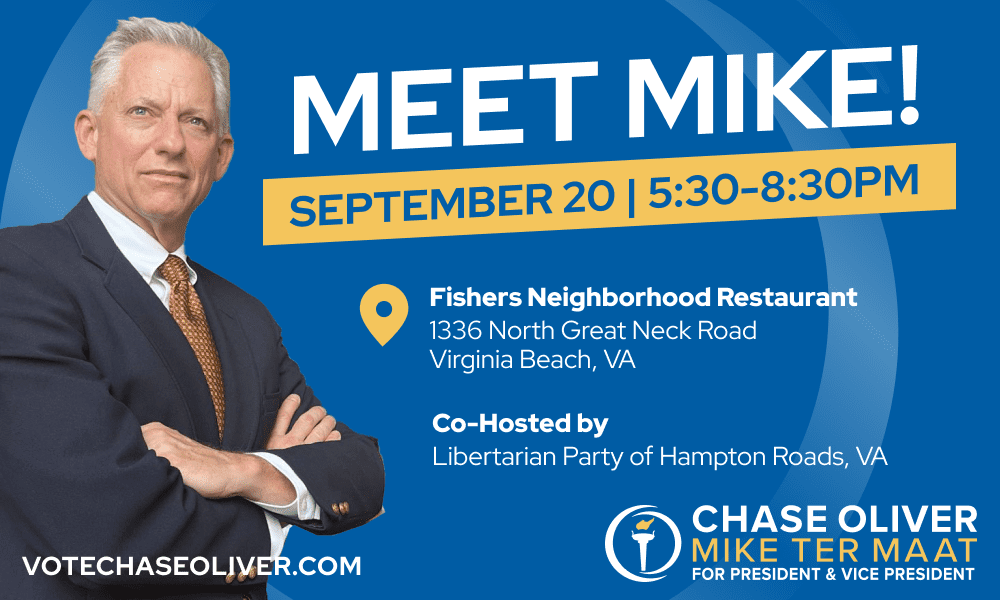 Event graphic featuring Libertarian Party candidate for Vice President Mike ter Maat.