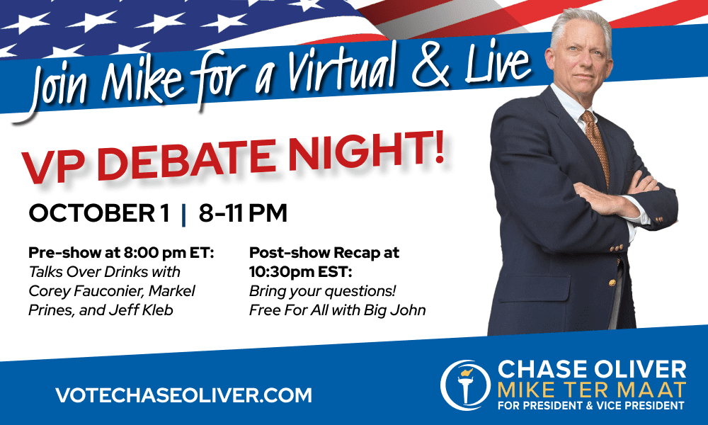 Image that says "Join Mike for a virtual & Live VP Debate night October 1 from 8-11PM"