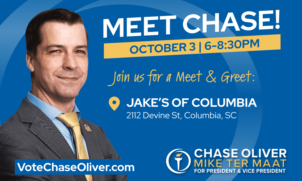 Image that says "Meet Chase Oliver October 3 from 6-8:30PM EST at Jake's of Columbia Restaurant, 2112 Devine St, Columbia, SC."