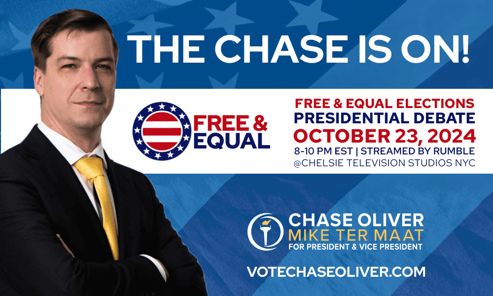 Event graphic for Libertarian candidate for President Chase Oliver.