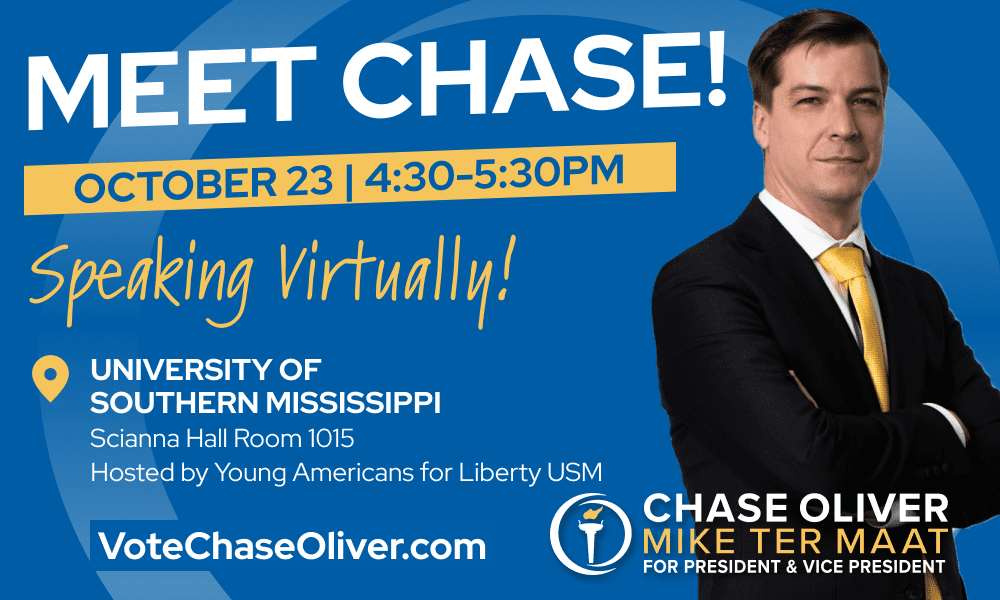 Event graphic for Libertarian candidate for President Chase Oliver.